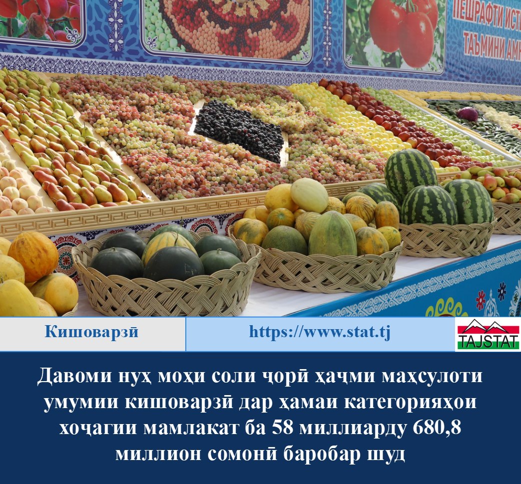 TOTAL AGRICULTURAL OUTPUT REACHED 58.6 BILLION SOMONI